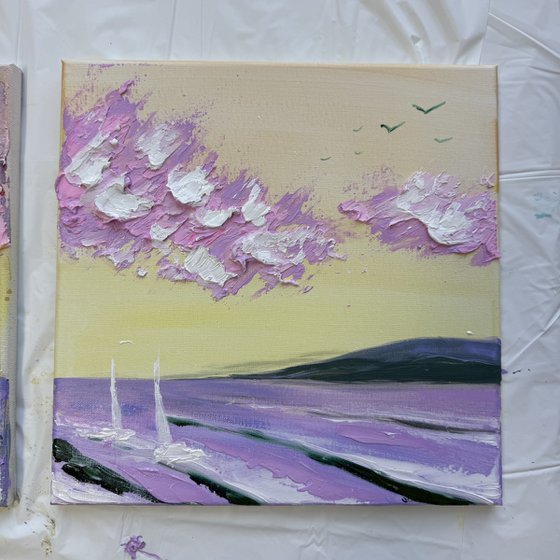 Impressionistic pink sky clouds green rainbow