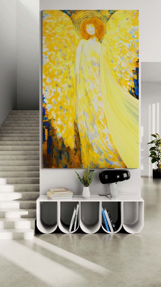 Sunny Angel. Huge 200 x 120 cm artwork. Magical radiance of the soul. Bright futuristic fantasy fabulous esoteric surreal mystery harmonious golden yellow art. Meditation relaxation pray aura grace Large format wall art on canvas