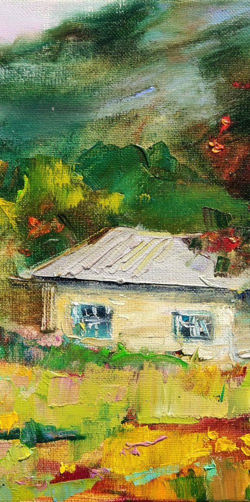 Ukrainian landscape . House in mountains , village . Original oil painting by Helen Shukina