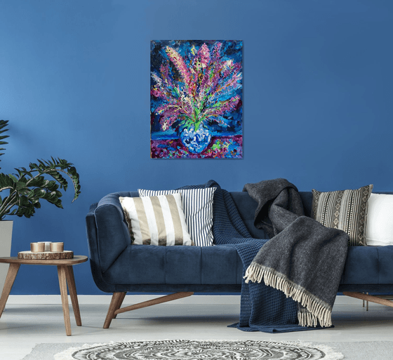 BOUQUET IN A BLUE VASE - Still life vanity with summer flowers, floral art, original painting, oil on canvas,  lupine flower in blue, interior art home decor, size 90x70