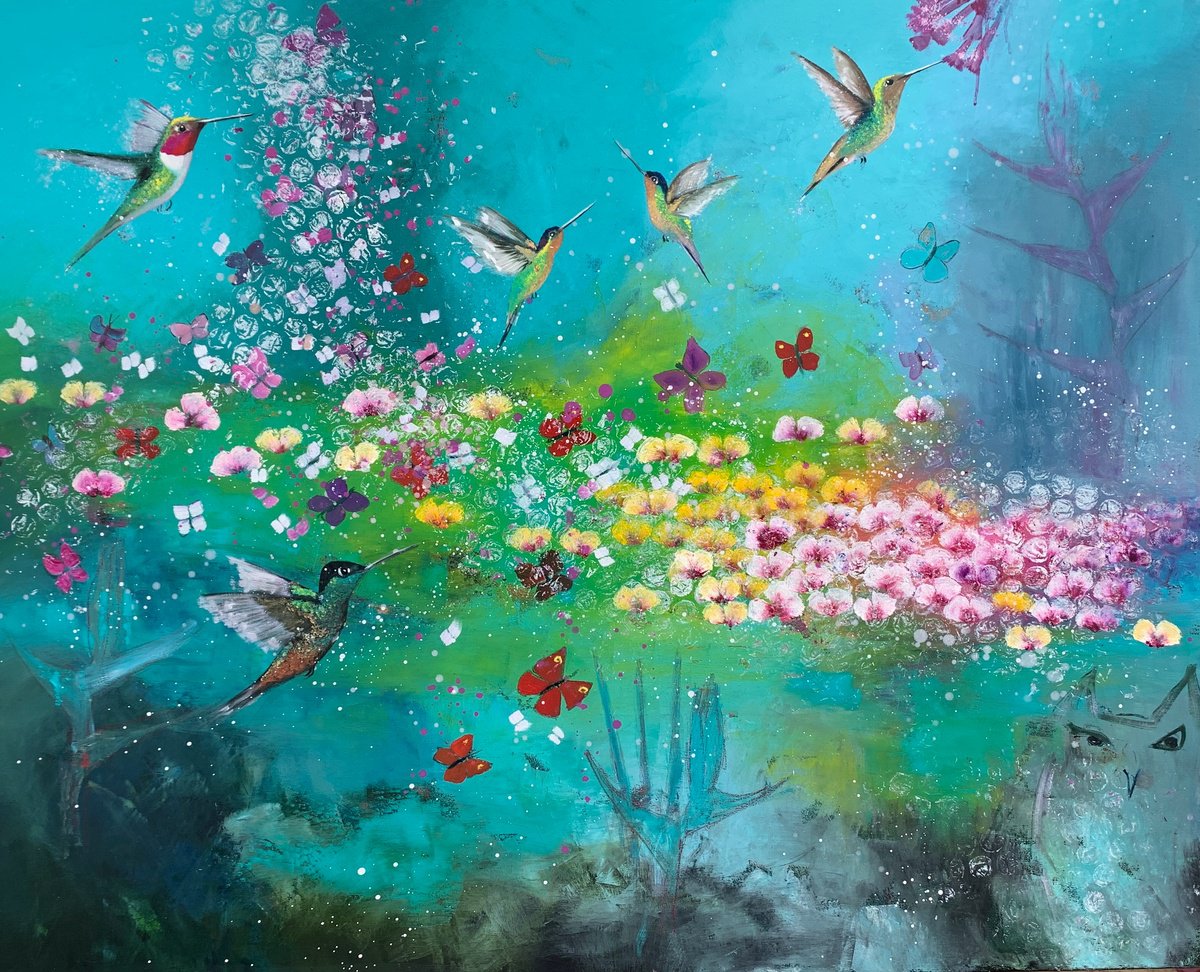 Impressionistic Animal Painting By Laure Bury, 39 X 31", Away With The Faeries Ii, Original Artwork
