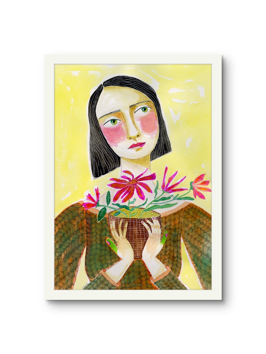 Naive Botanical Watercolour By Sharyn Bursic, 12 X 17", Plant Mum Potted Florals, Original Artwork