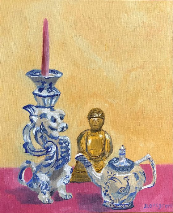 Original oil painting of an antique chinese candlestick and other items