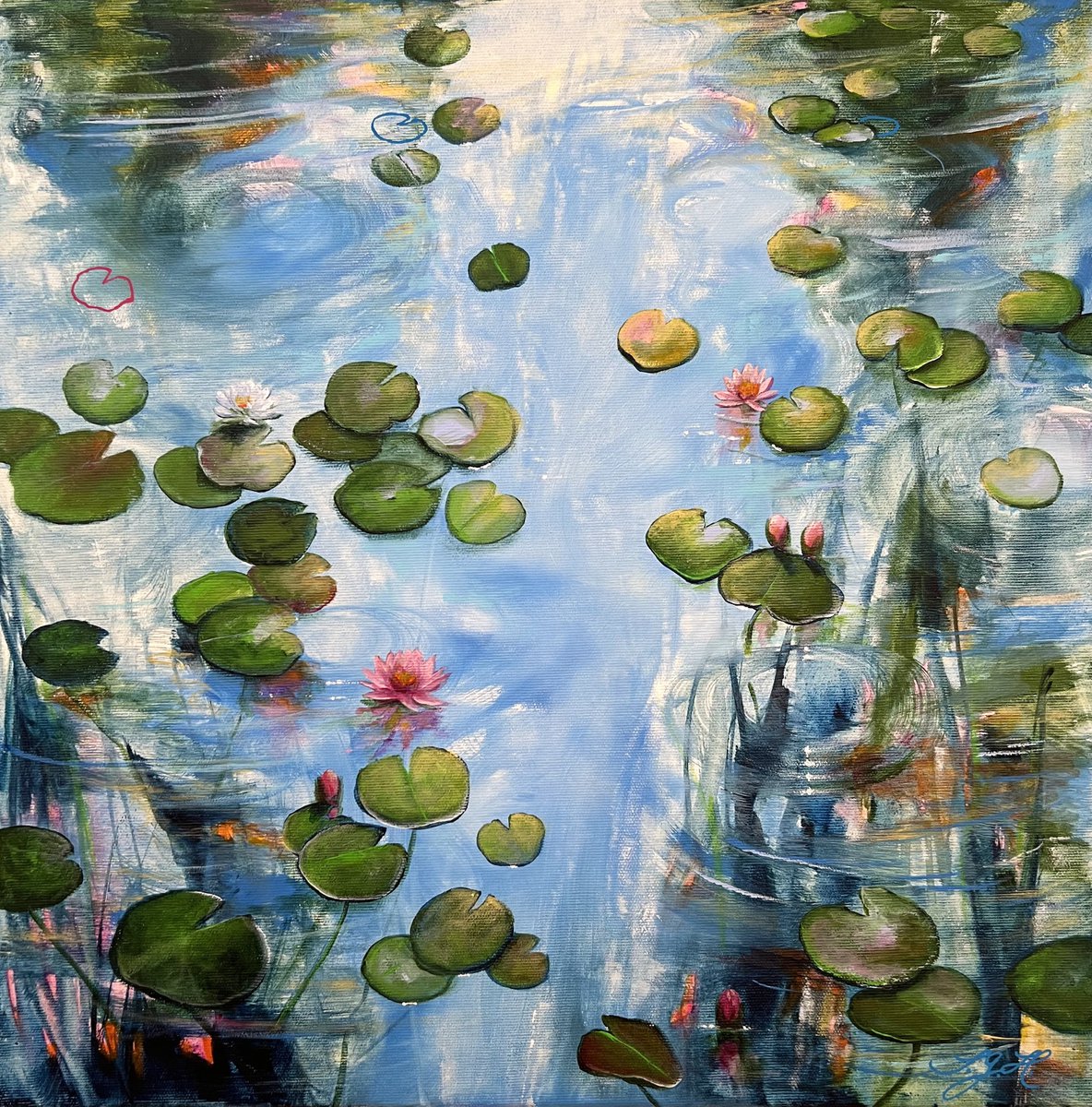 Impressionistic Botanical Acrylic Painting By Sandra Gebhardt-Hoepfner, 20 X 20", Sunshine On The Pond 1, Original Artwork