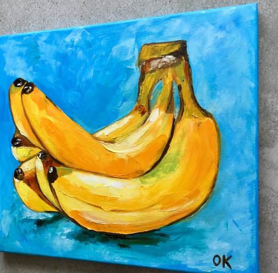 Bananas on  turquoise  Still life. Palette knife painting on linen canvas