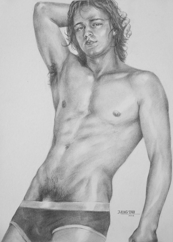 original art drawing charcoal male nude BOY on paper #16-4-18-03