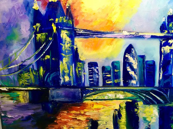 London night, Tower bridge, impressionism.City of London, River Thames, water reflections, sunset, palette knife painting,   variations of blue colours: ultramarine, navy blue, turquoise, sky blue, cobalt, palette knife original artwork.