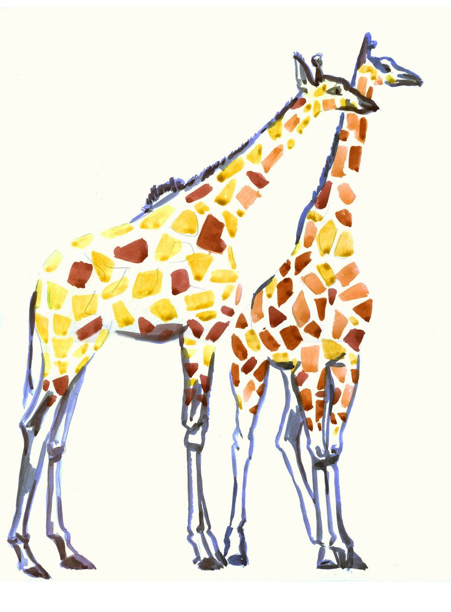 Illustrative Animal Watercolour By Kateryna Bortsova, 11 X 17", Giraffes Watercolour Painting, Original Artwork