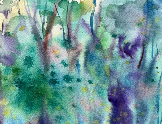 Landscape Original Watercolor Painting, Sunset Forest Artwork, Sun through Trees Art, Rustic Home Decor