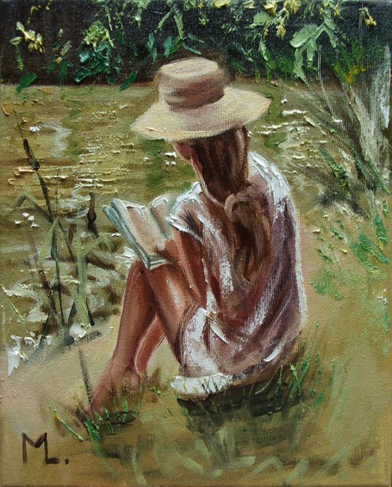 " BOOK LOVER ... " original painting LAKE SPRING palette knife GIFT GREEN