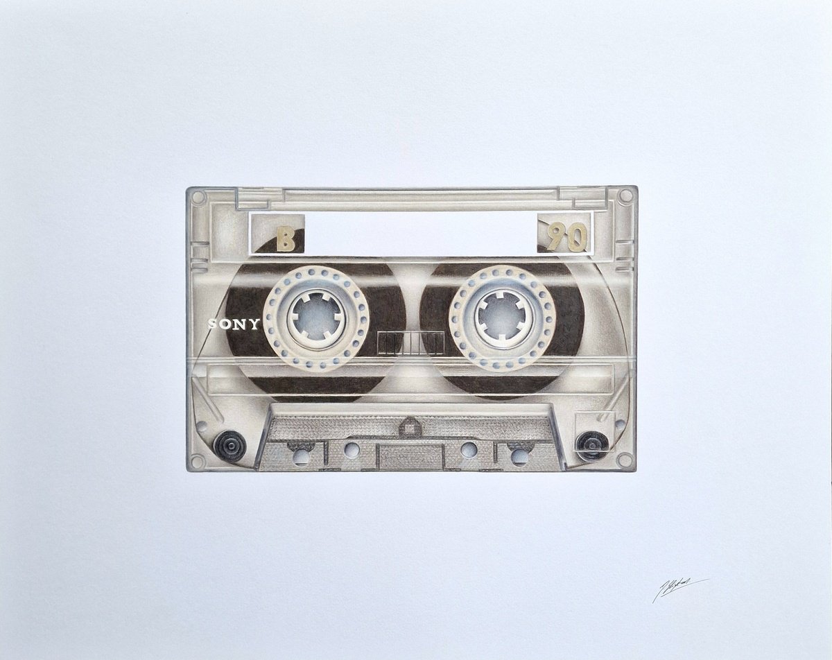 Photorealistic Still Life Pencil Drawing By Daniel Shipton, 20 X 16, Cassette, Original Artwork