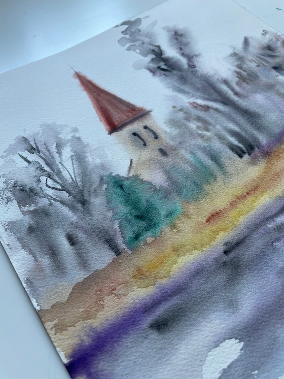 Fall Watercolor Painting, Church in Forest Original Art, Rainy Wall Art, Slovak Artwork