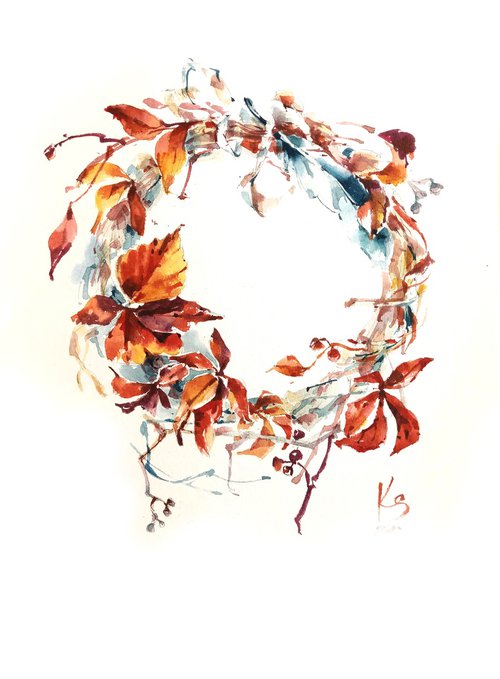 Watercolor sketch "Wreath of autumn yellow leaves" - series "Artist's Diary" by Ksenia Selianko