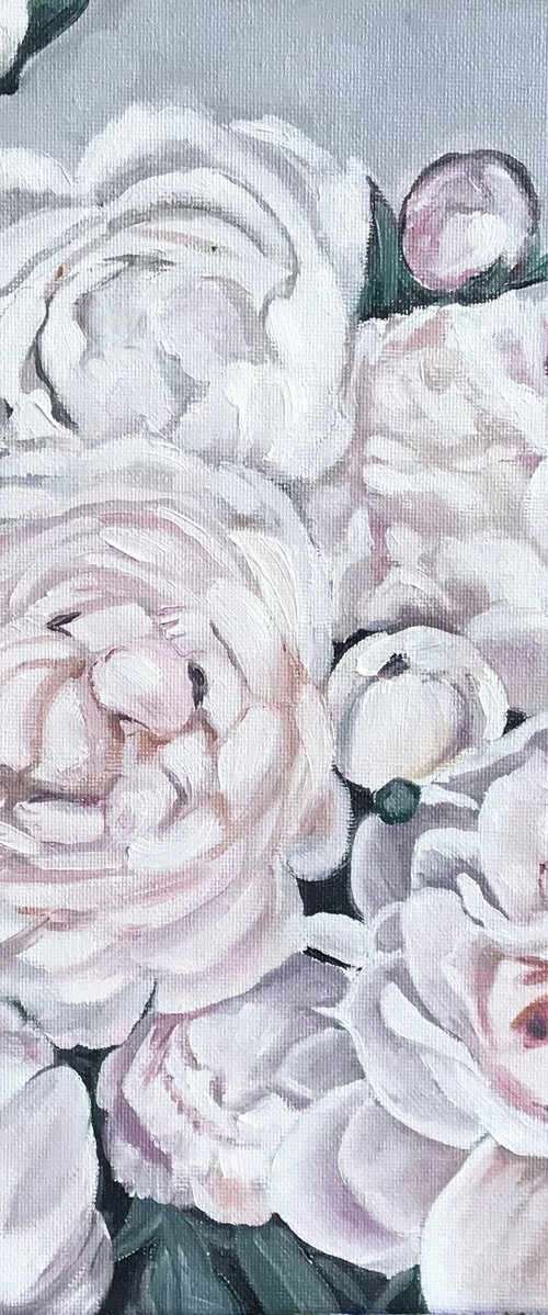 White Peonies oil painting 12x12 inch by Leysan Khasanova