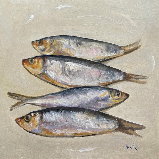 Original oil painting Framed Four Fish Still Life Contemporary Artwork