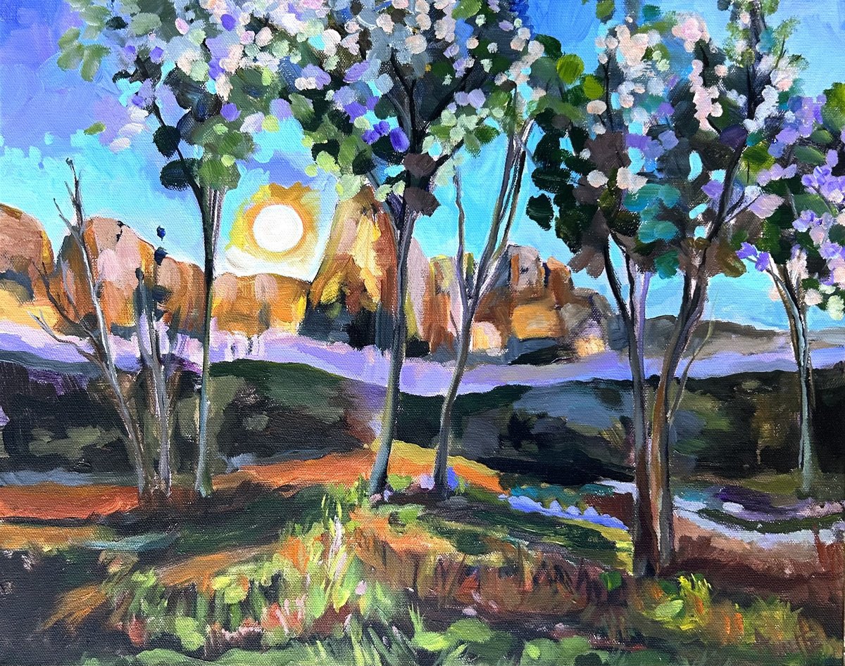 Impressionistic Landscape Acrylic Painting By Annette Wolters, 20 X 16, Southwest Sunrise, Original Artwork