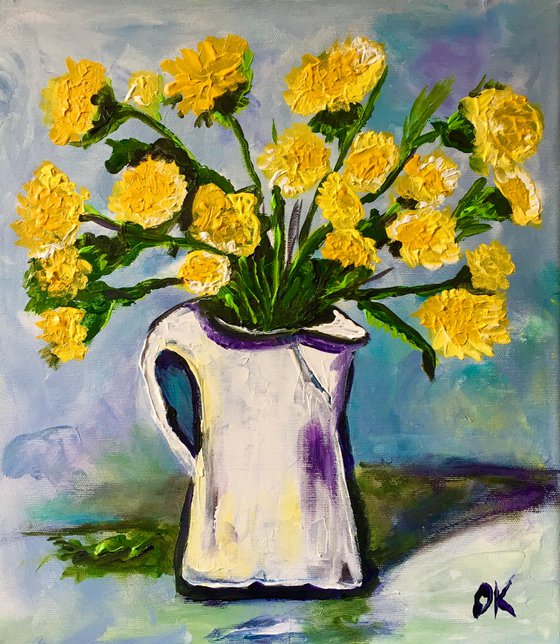 Blue collection, still life with dandelions. Wild Flowers in a White Jar #10.