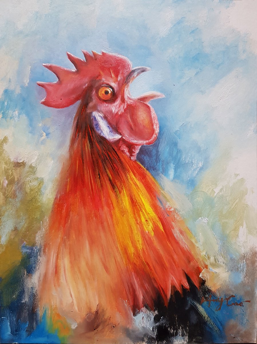 Expressive Animal Oil Painting By Henry Cao, 11 X 14, Good Morning, Original Artwork