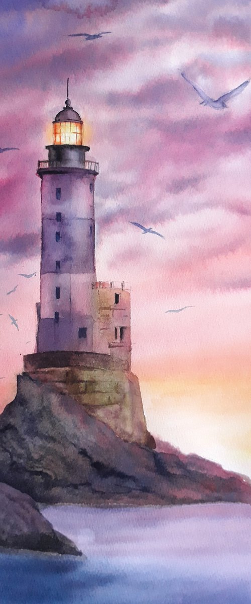 Lighthouse Sunset Original Wat by Olga Beliaeva Watercolour