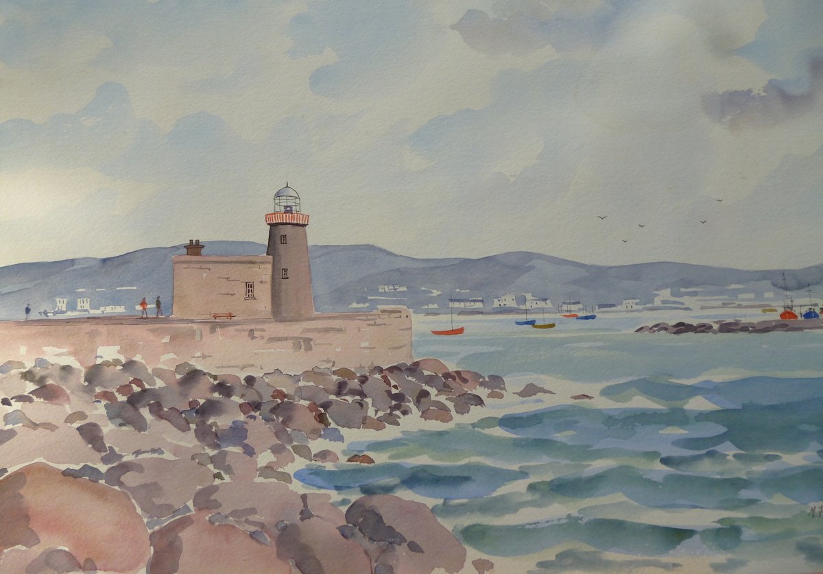 Expressive Landscape Watercolour By Maire Flanagan, 22 X 15", Howth Lighthouse, Original Artwork