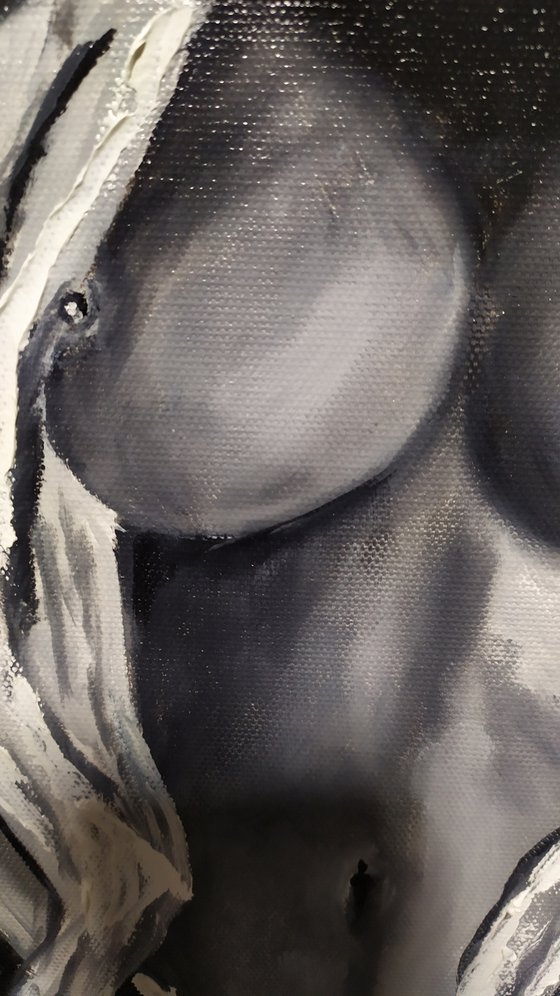 Hot girl, original erotic nude black and white oil painting, gift idea