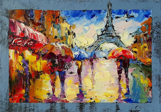 Painting Rainy Paris, impasto artwork, palette knife, original on canvas