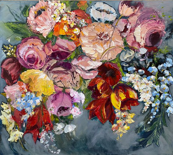 FLORAL PARADISE- original painting on canvas, floral painting, wall decor, bouquet