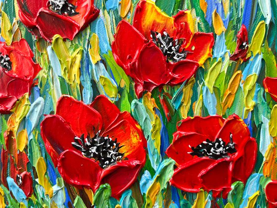 Poppies Meadow- Original Impasto Floral Painting, Palette Knife Textured Wall Art Canvas