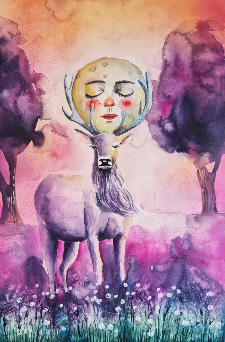 Surrealistic Animal Painting By Evgenia Smirnova, 15 X 22, Dreams In Violet Light, Original Artwork