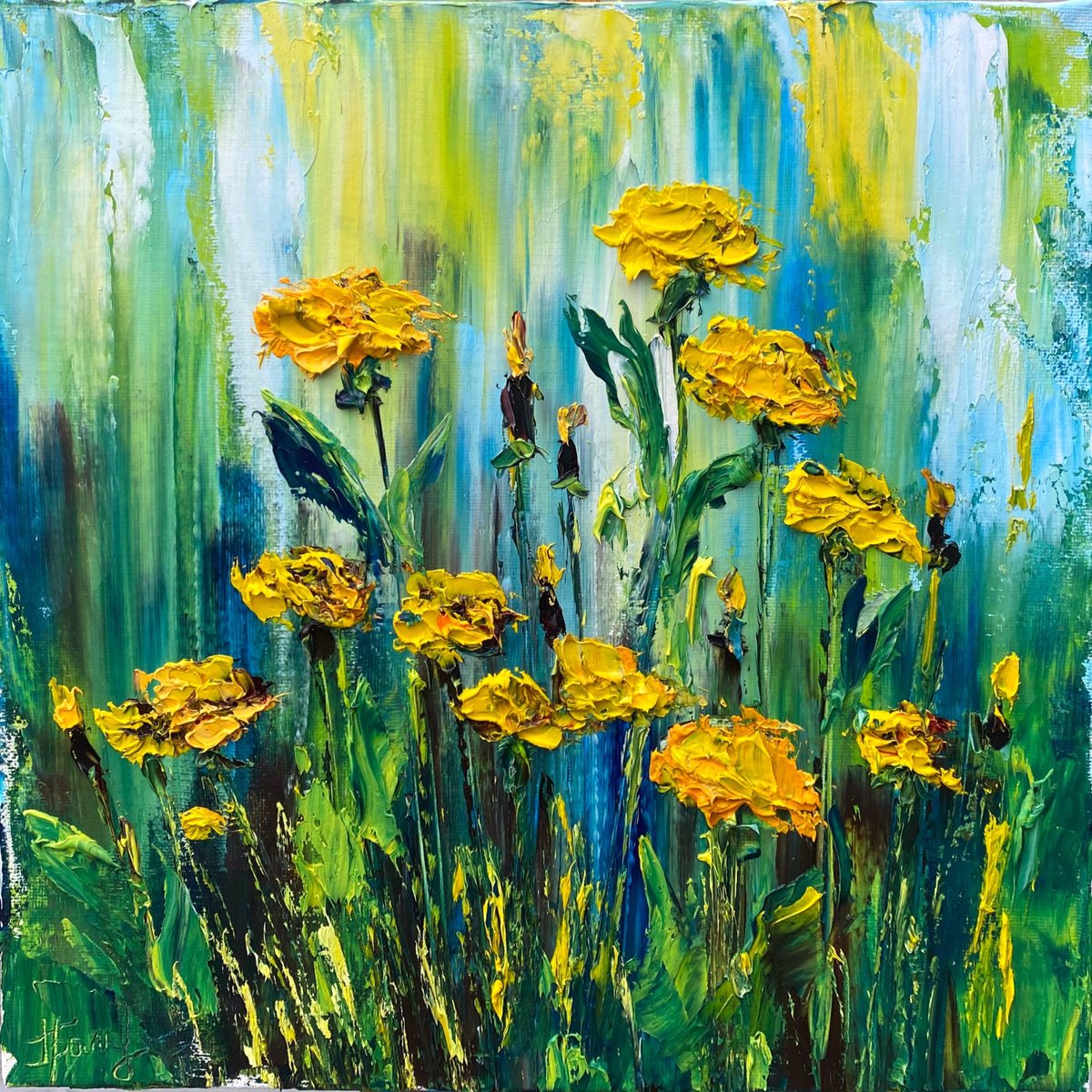 Impressionistic Botanical Oil Painting By Oksana Fedorova, 11 X 11", Yellow Dandelions, Original Artwork
