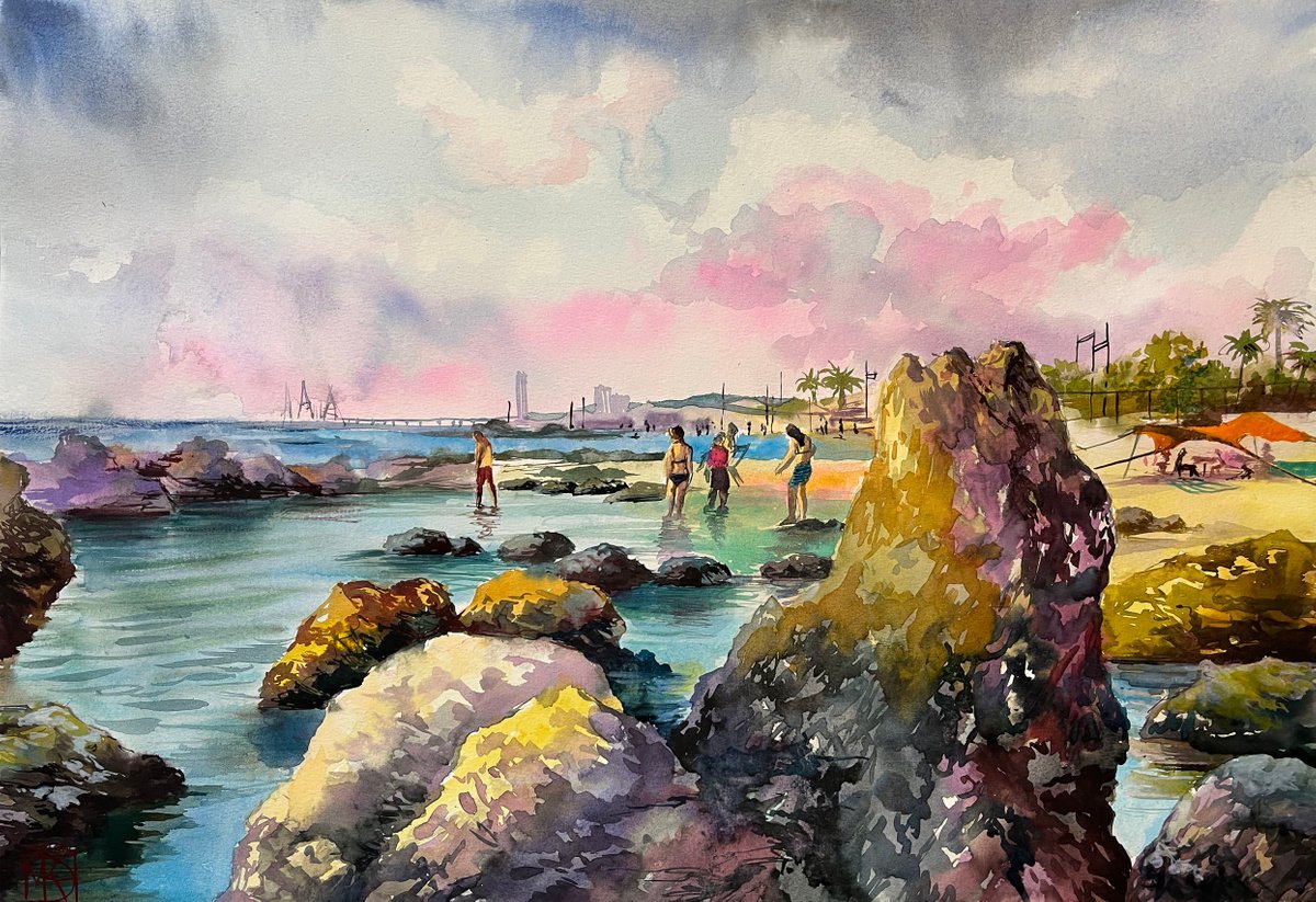 Impressionistic Landscape Watercolour By Maria Kireev, 22 X 15", Nathanya Beach, Original Artwork