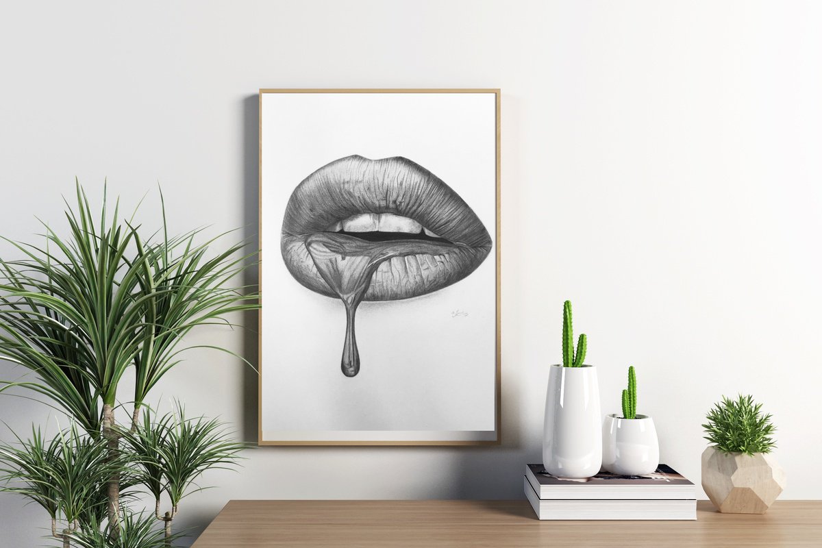 Photorealistic Pencil Drawing , Dripping Lip No.2 By Amelia Taylor, 12 X 16, Artwork For Sale On Artfinder