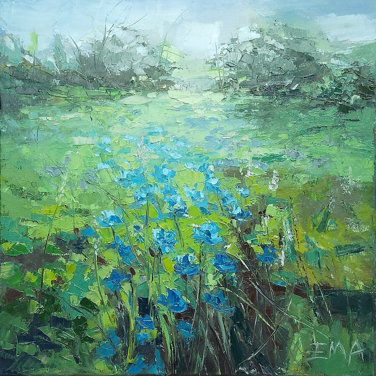 EVERY SUNDAY, 60x60cm, spring meadow landscape by Emilia Milcheva