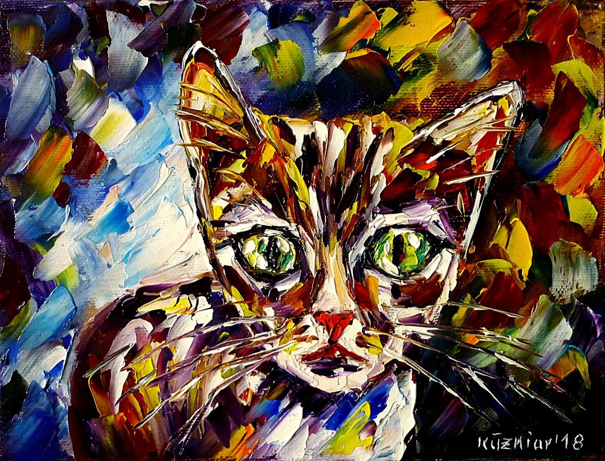 Expressive Animal Oil Painting By Mirek Kuzniar, 9 X 7", Big-Eyed Kitten, Original Artwork