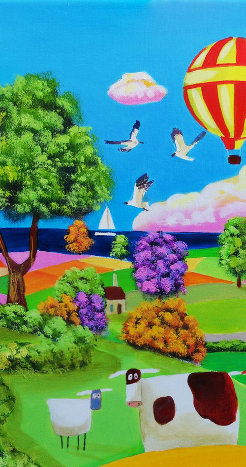 Colourful naive art painting by Gordon Bruce