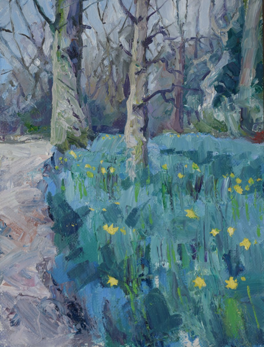 Expressive Landscape Acrylic Painting By Goran Zigolic Watercolors, 12 X 16, Field Of Narcisses, Suffolk, Original Artwork