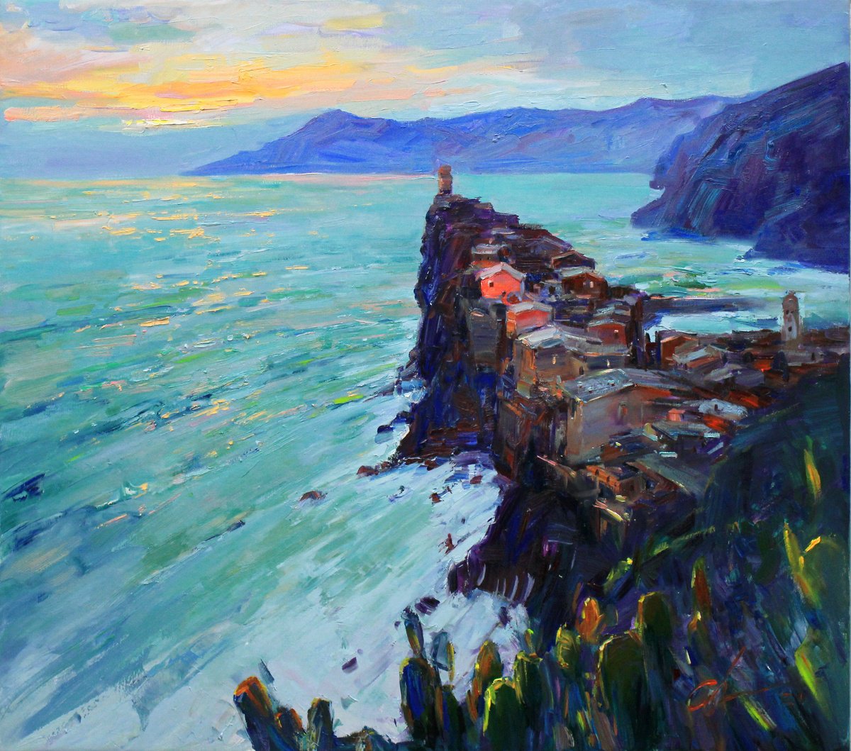 Impressionistic Landscape Oil Painting By Serhii Cherniakovskyi, 35 X 31", Vernazza Cinque Terre, Original Artwork