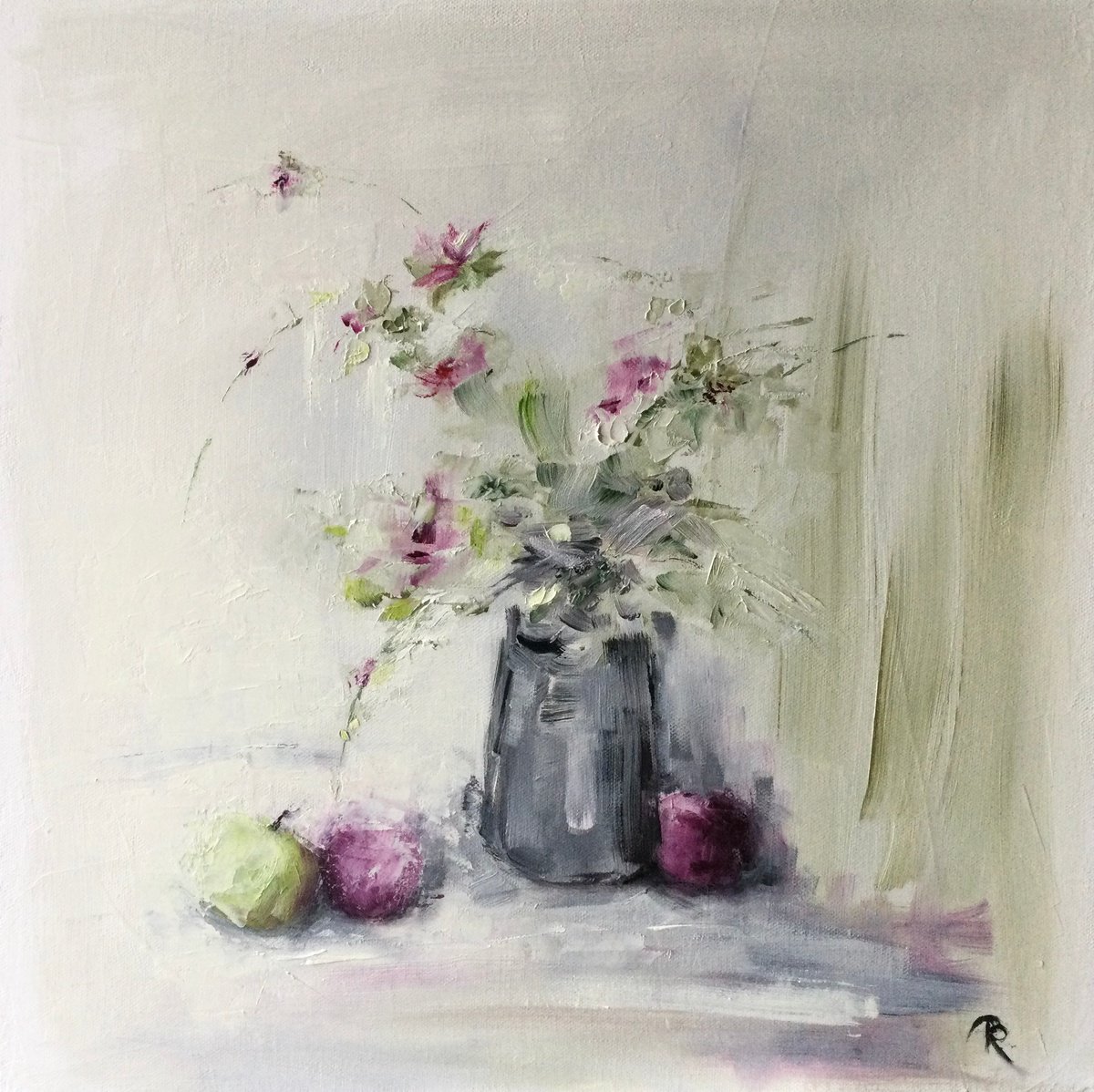 Expressive Still Life Oil Painting By Rebecca Pells, 16 X 16", Golden Delicious, Original Artwork