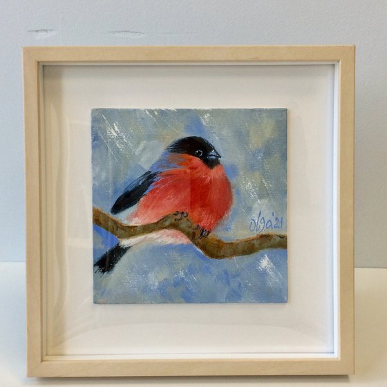 Bird framed oil painting - Bullfinch small canvas - Winter shelf painting - Gift idea for bird lover (2021)