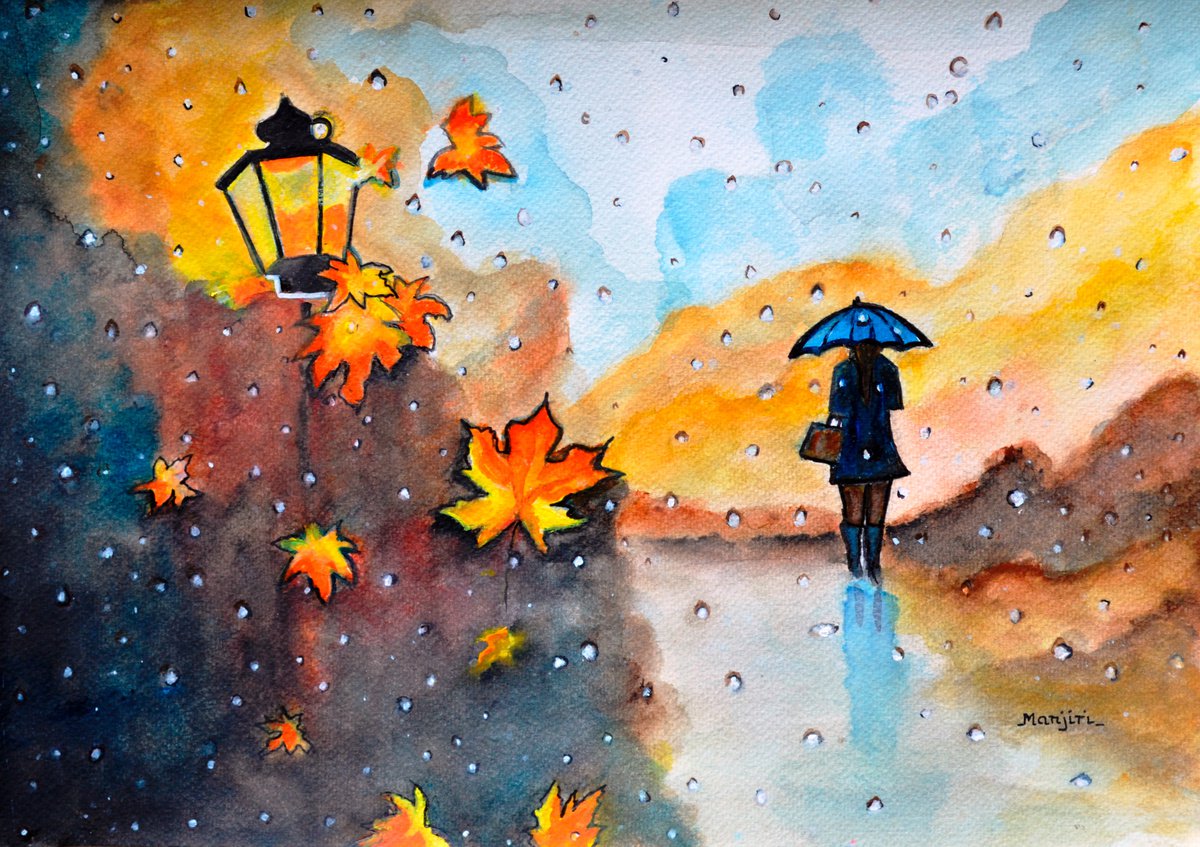 Autumn Rain vibrant colorful watercolor painting by Manjiri Kanvinde