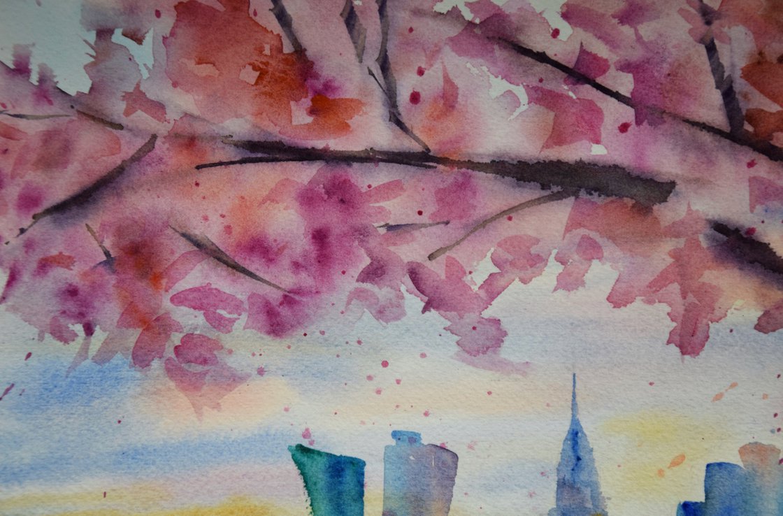 New York painting, Sakura flowers original watercolor painting 