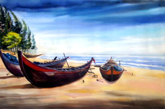Fishing Boats at Seashore-Acrylic on canvas