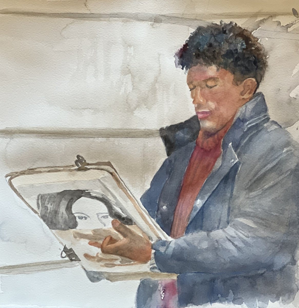 Impressionistic Portrait Watercolour By Bronwen Jones, 13 X 13, Parisian Painter, Original Artwork