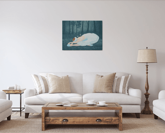 Swan Lake - ballerina position painting on frozen lake in forest; home, office decor; gift idea