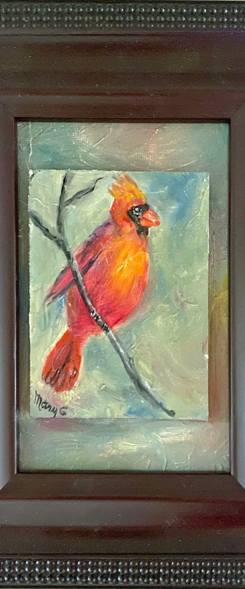 Red Cardinal Original Oil Painting on gessoed Masonite by Mary Gullette