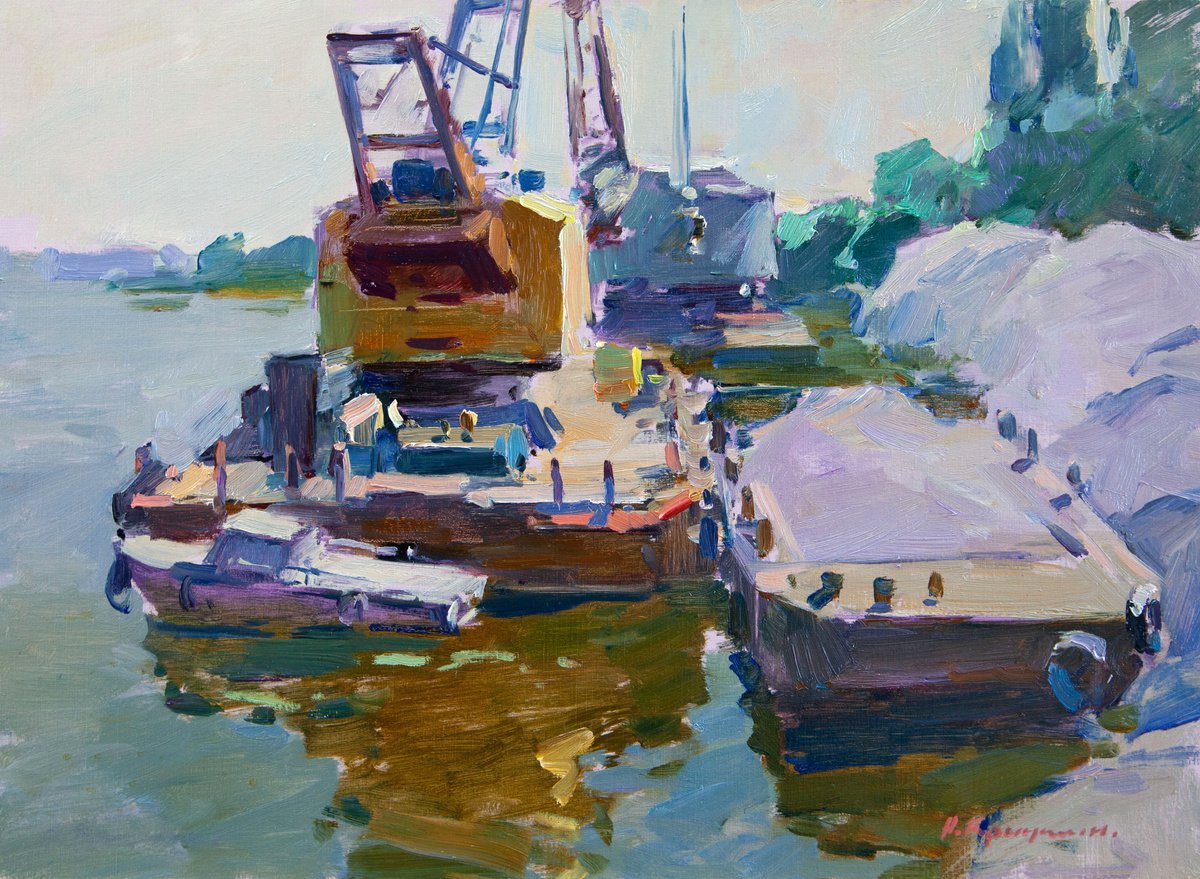 Impressionistic Landscape Oil Painting By Aleksandr Kryushyn, 22 X 16, In The Cargo Port, Original Artwork