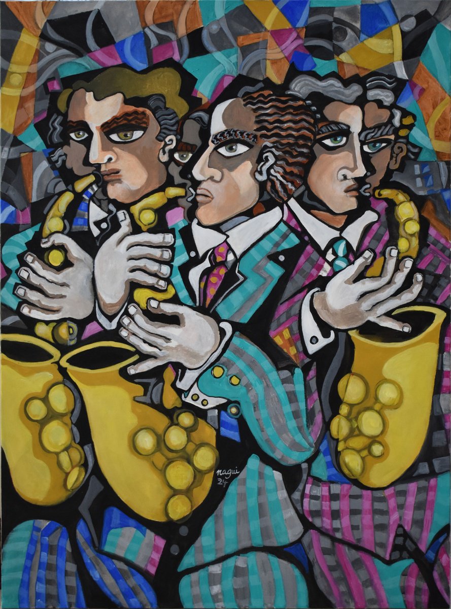 Expressive Portrait Acrylic Painting By Nagui, 30 X 40", The Sound Of The Saxophones, Original Artwork