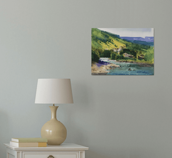 Summer landscape painting with river
