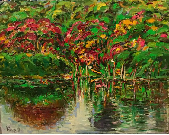 POND. AUTUMN - landscape art, original oil painting, fall