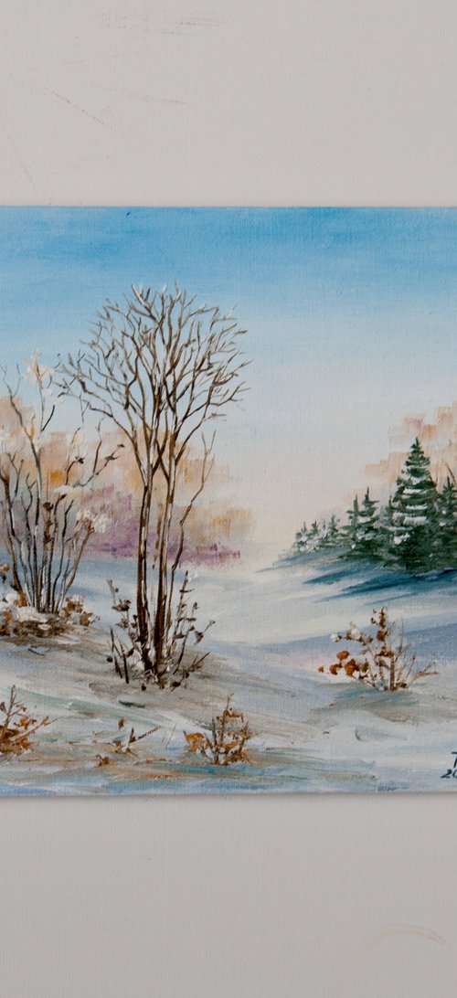 Winter morning. Snow landscape. Small oil painting. Miniature. 6 x 6 by Tetiana Vysochynska
